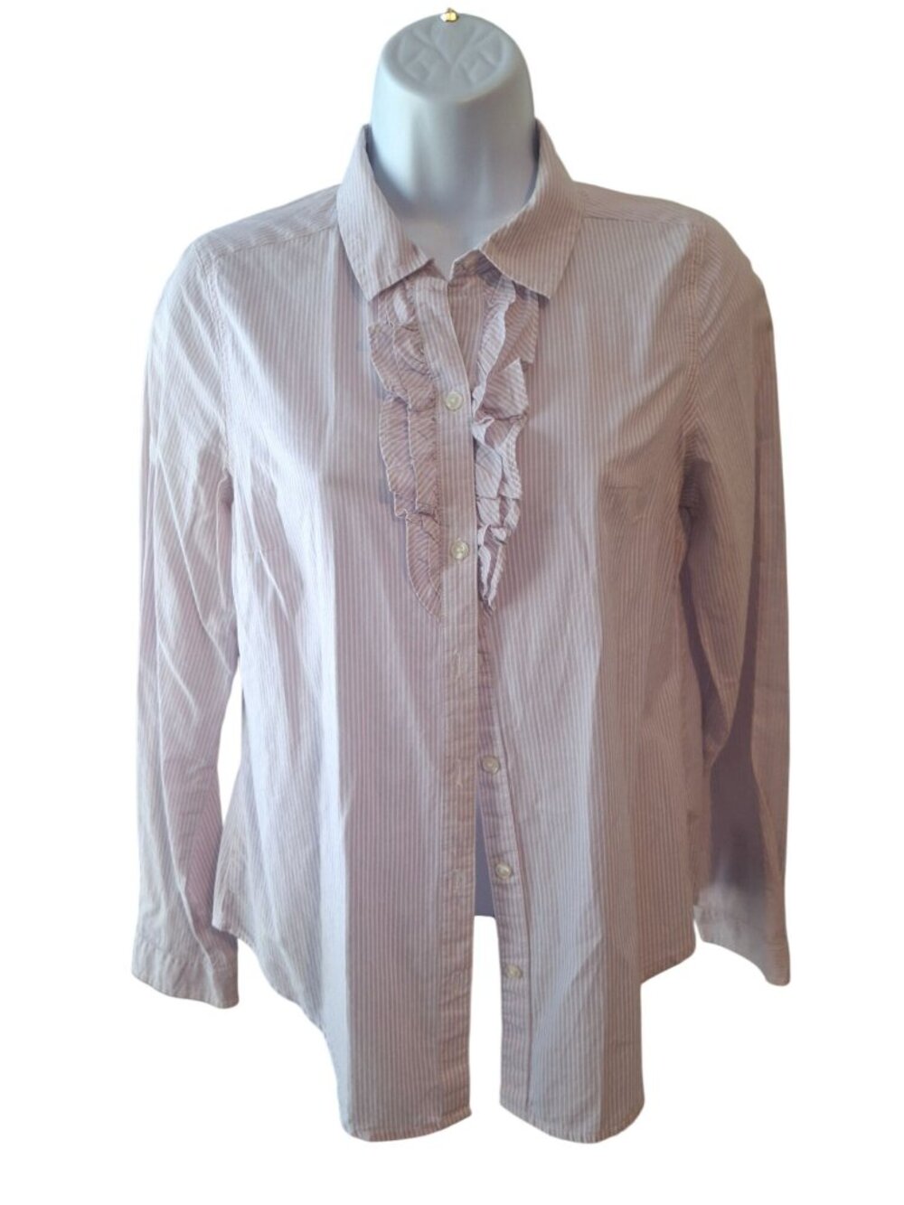 Old Navy Womens S Pink White Stripe Ruffle Button Down Shirt Preppy Coastal Top